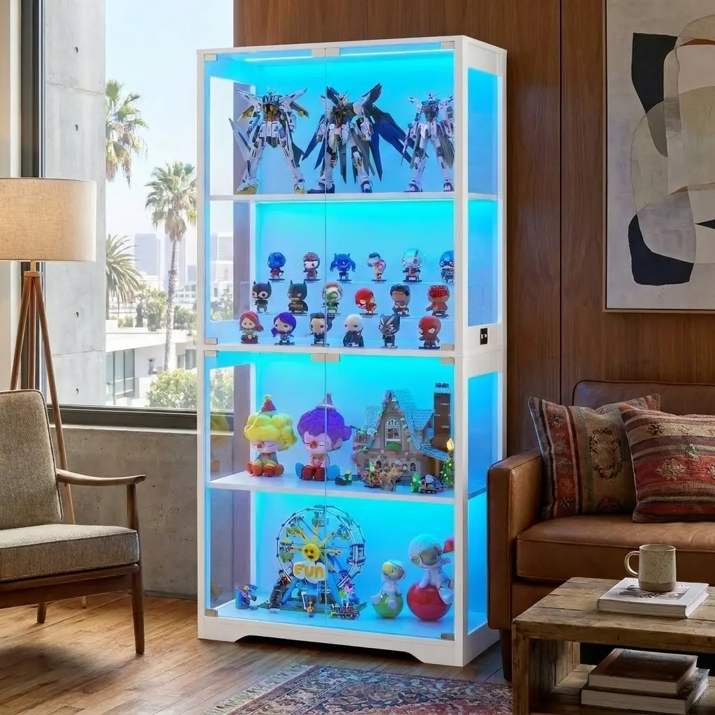 MIIFUNY Display Cabinet with Glass Doors, 4-Tier Curio Cabinet with 3 Color Lights for Collectibles, Tall Display Case with Human Body Sensor, Showcase Storage Cabinet for Figures, Trophys, Books