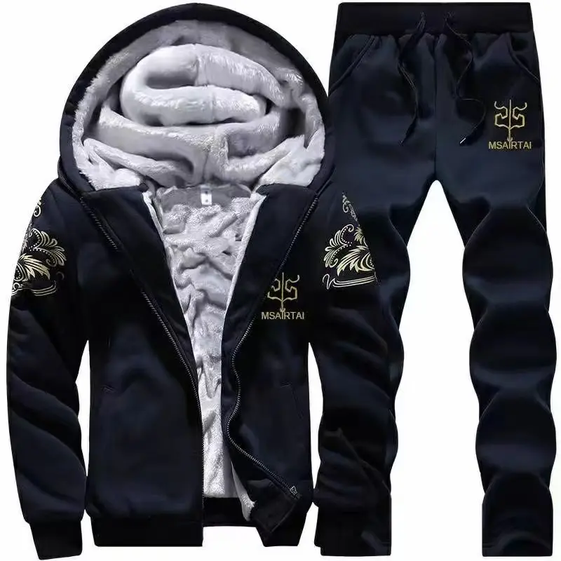 Autumn Winter 2-Piece Fleece-Lined Hoodie Set - Loose Casual Hooded Pullover & Sweatpants for Unisex Outfit Clothes men's sweatsuit set men 2 piece sets men's 2 piece set men sweatsuit set Matching