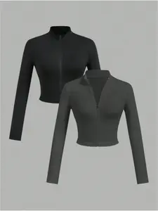 Women's Solid Color Basic Half Zip Up Crop Top & Thumb Hole Design Long Sleeve Crop Jacket, Casual Fashion Cozy Two-piece Outfits for Daily Outdoor Wear, Women Clothes for Spring & Fall, Womenswear, Solid Color Jackets