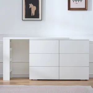 6-Drawer L-Shaped Vanity Dresser Combo, Wood Extendable Desk with Wide Desktop & Deep Storage Space for Bedroom Dressing Room