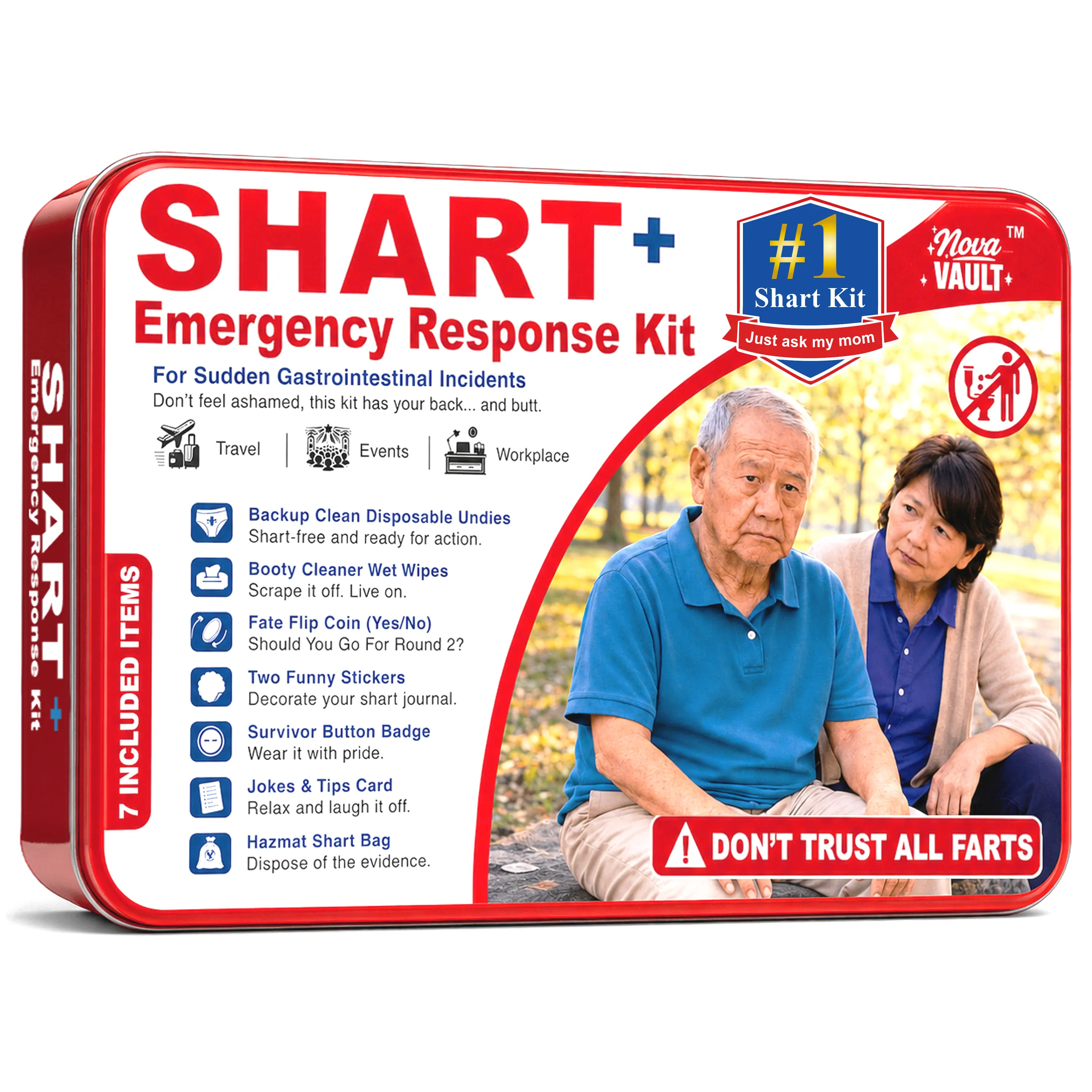Funny Shart Emergency Response Kit Includes Wet Wipes, Undies, Flip Coin, Stickers, Jokes, Badge, Bag. Ultimate Prank Poop Fart Novelty Gag Gift for Friends and Family