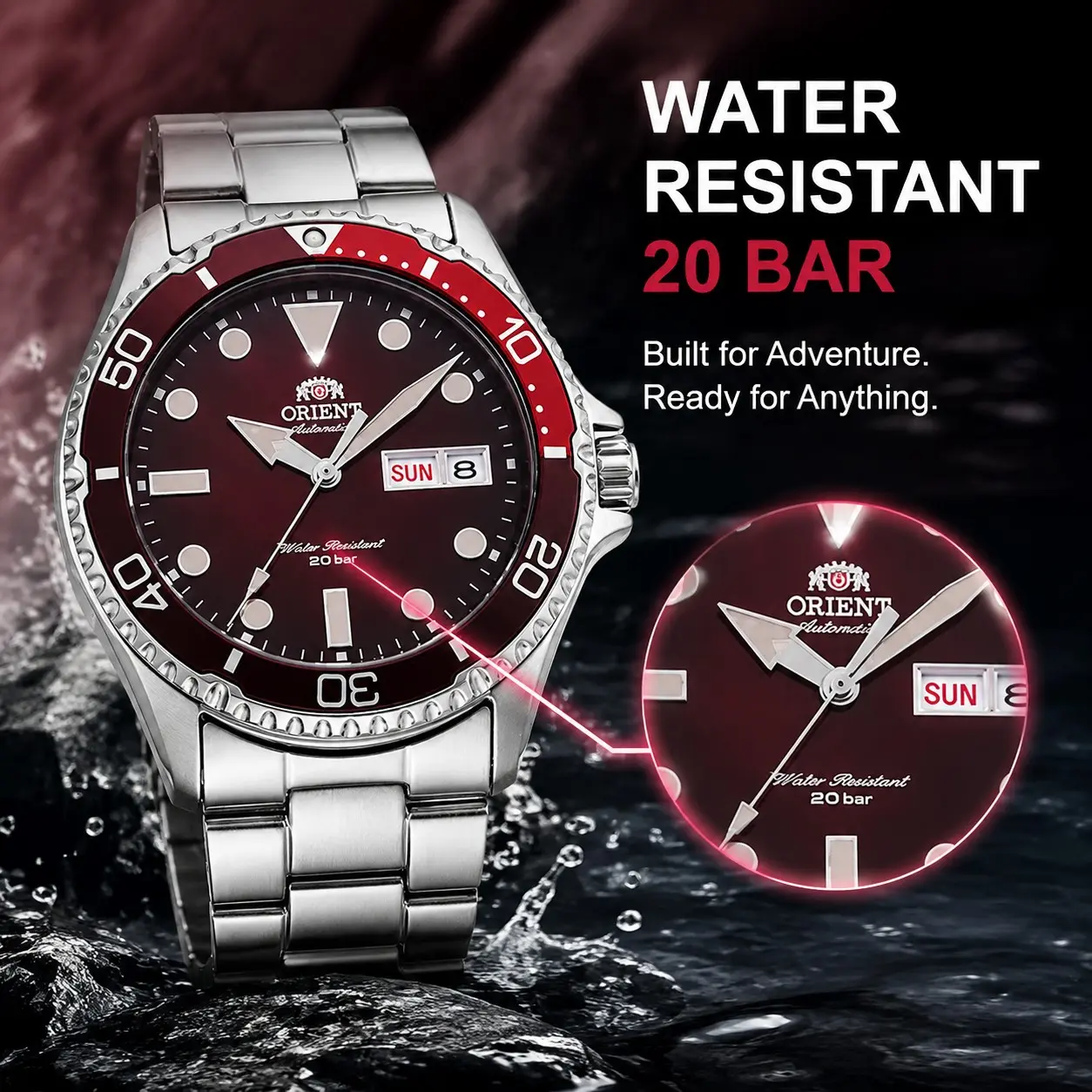 Original Japanese ORIENT red dial diver men's automatic mechanical diving watch.It is equipped with a unidirectional rotating burgundy timing bezel, a deep burgundy dial paired with highly luminous three-dimensional hour markers and hands.A dual-calendar