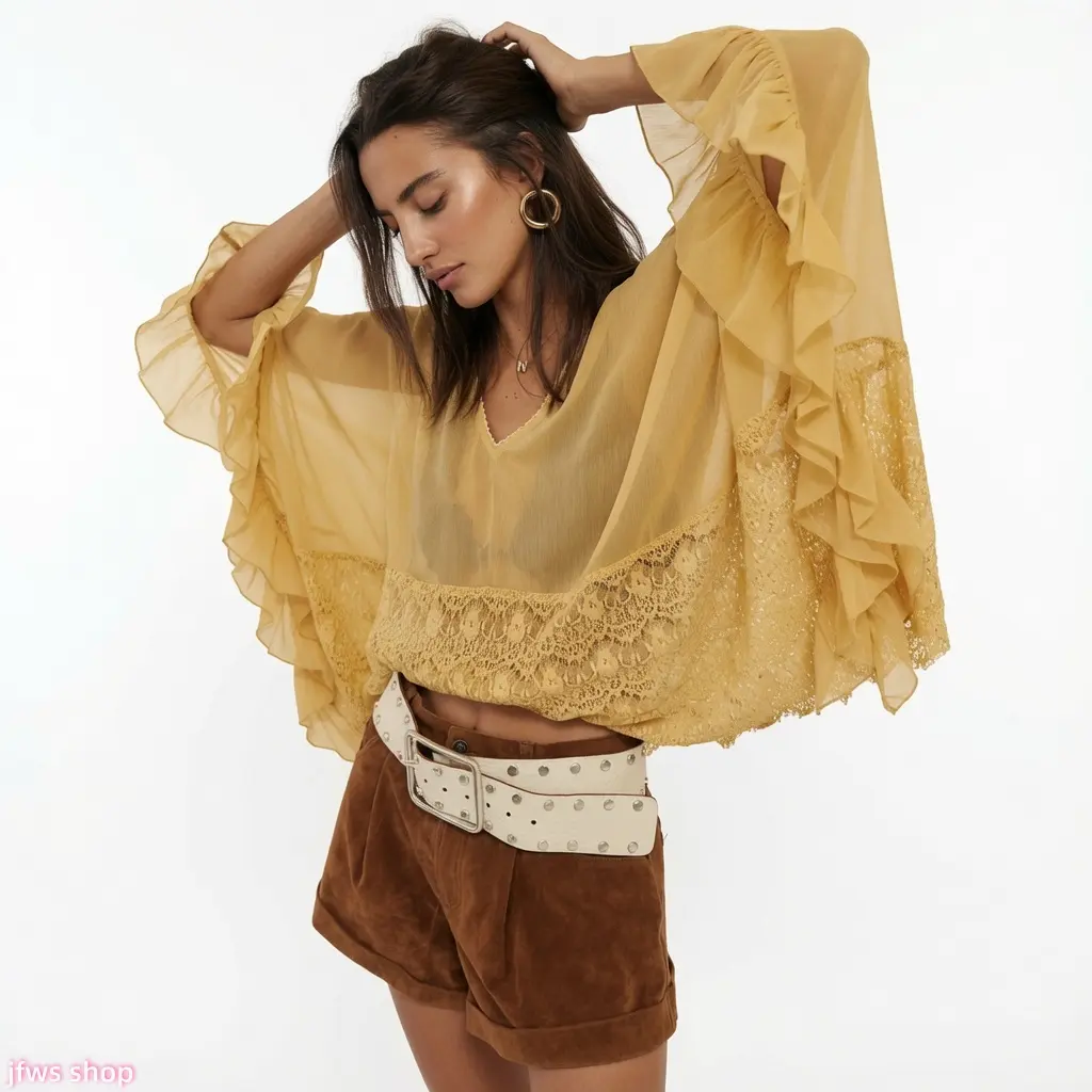 Women's Chiffon Beachwear Cover Up - Casual V-Neck Lace Patchwork Loose Fit Batwing Sleeve Cardigan, Lightweight Sun Shield for Beach Vacation, US-Designed Luxury Style