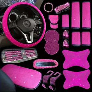 YASEENLIN Bling Pink Car Set for Women 29pcs Shining Rhinestone Headrest Covers Rearview Mirror Cover Armrest Pads Girly Interior Decorations Steering Wheel Cover Cute Interior Decor Rearviewmirrorcover Steeringwheelcover - Headrestcovers