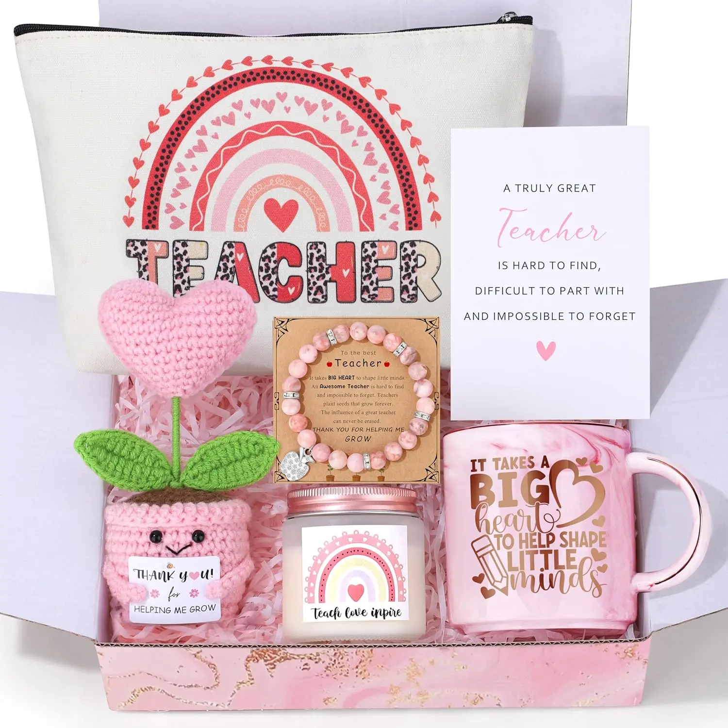 6-Piece Lavender Crochet Bracelet & Ceramic Mug Gift Basket Set with Hearts, Vegan Candle - Home Supplies Teacher Appreciation Gift for Women, End of Year Thank You Present Box
