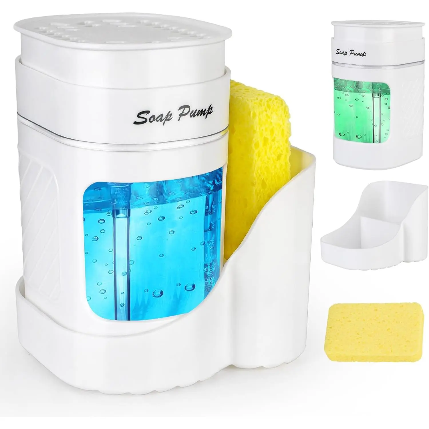 Kitchen Dish Soap Dispenser with Sponge Holder, 3-in-1 Countertop Dishwashing Soap Pump Dispenser Set for Kitchen Sink, Useful Kitchen Gadgets - White