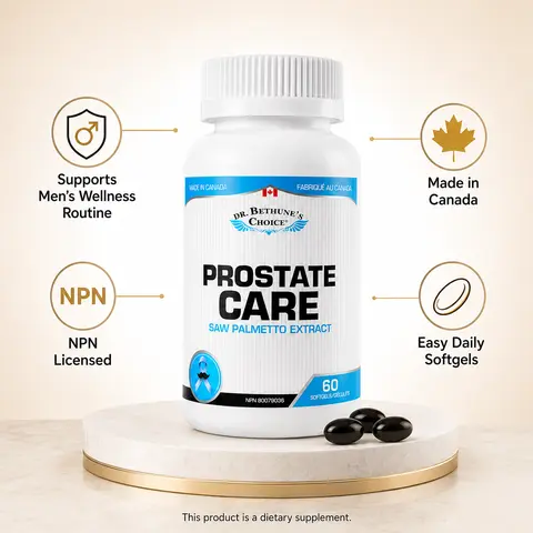 Dr. Bethune’s Choice Prostate Care | Saw Palmetto Extract with Pumpkin Seed Oil, Lycopene, Zinc, Vitamin D3 & Selenium | Men’s Wellness Support | Made in Canada