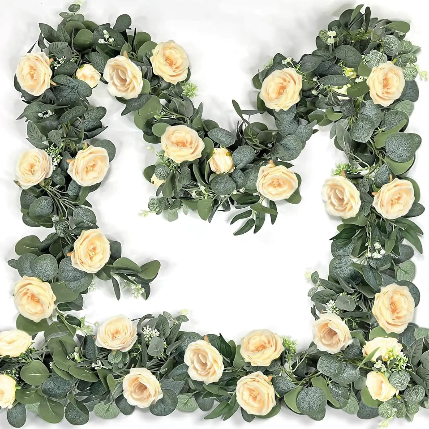 2 Pack 13FT Spring Artificial Eucalyptus Flower Garland with Champagne Roses, Fake Flower Greenery Floral Vines Green Garland for Wedding Arch Table Runner Backdrop Mantle Home Decorations (Champagne)