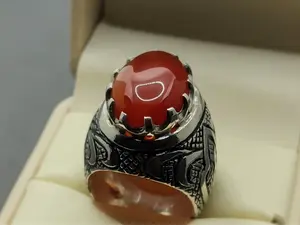 Natural Yemeni Deep Brown Aqeeq Turkish Ring: Sterling Silver 925 Handmade Mens Carnelian Jewelry