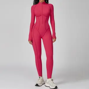 Slim Fit 3D Cut Half Zip Yoga Jumpsuit Premium for Women Stand Collar One Piece Bodysuit Soft Stretchy Bodycon Activewear for Fitness Pilates Running & Gym
