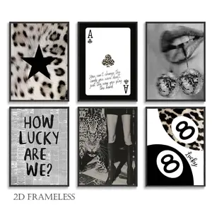 6-Piece Set, Leopard-Print Wall Art, Black and White Leopard-Print Wall Decor, Lucky No. 8 Ball, Y2K Poster, Printed, Canvas Material, Leopard-Style Canvas Art, Perfect for Girls' Rooms, Bedrooms, Dorm Rooms, Frameless Design