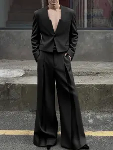 INCERUN Men's Fashion Simple Solid Color Deconstructed Design Fabric Long Sleeve Blazer+ Straight Pants Two-Piece Set, Suitable For Daily Wear Clothes