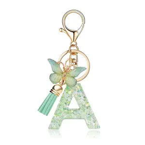 Polyresin Colorful Initial Letter A-Z Keychain with Green Butterfly, Lobster Clasp - DIY Fashion Costume Jewelry Gift Accessory