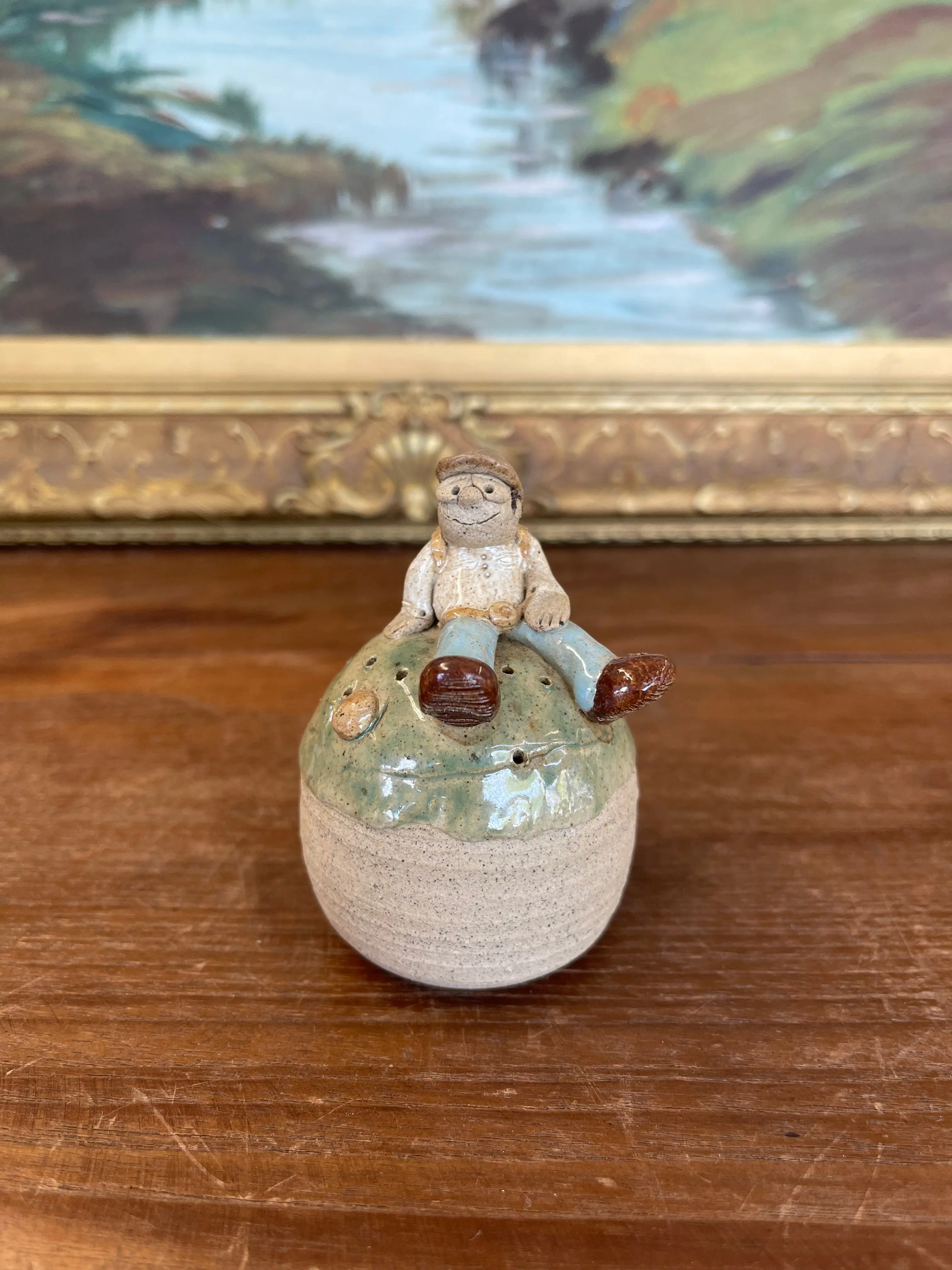 Handmade Studio Pottery Incense Holder with Seated Figure Sculpture, Signed 1976
