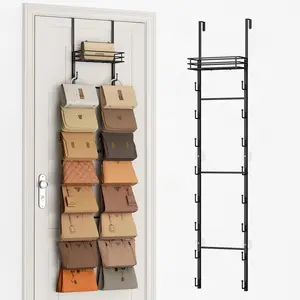 Over the Door Purse Organizer - Wall Mounted Handbag Organizer with 16 Hooks and Metal Basket, Hanging Purse Storage Rack Holds up to 16 Bags, Bag Rack Can Use As 1/2 Part, for Door, Closet