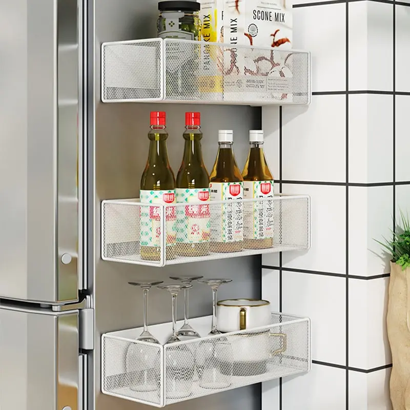 Metal Heavy-Duty Refrigerator Magnetic 3-Tier Rack, Kitchen Home Organizer, Stable Fridge Sides Space-Saving Storage Holder for Home Supplies