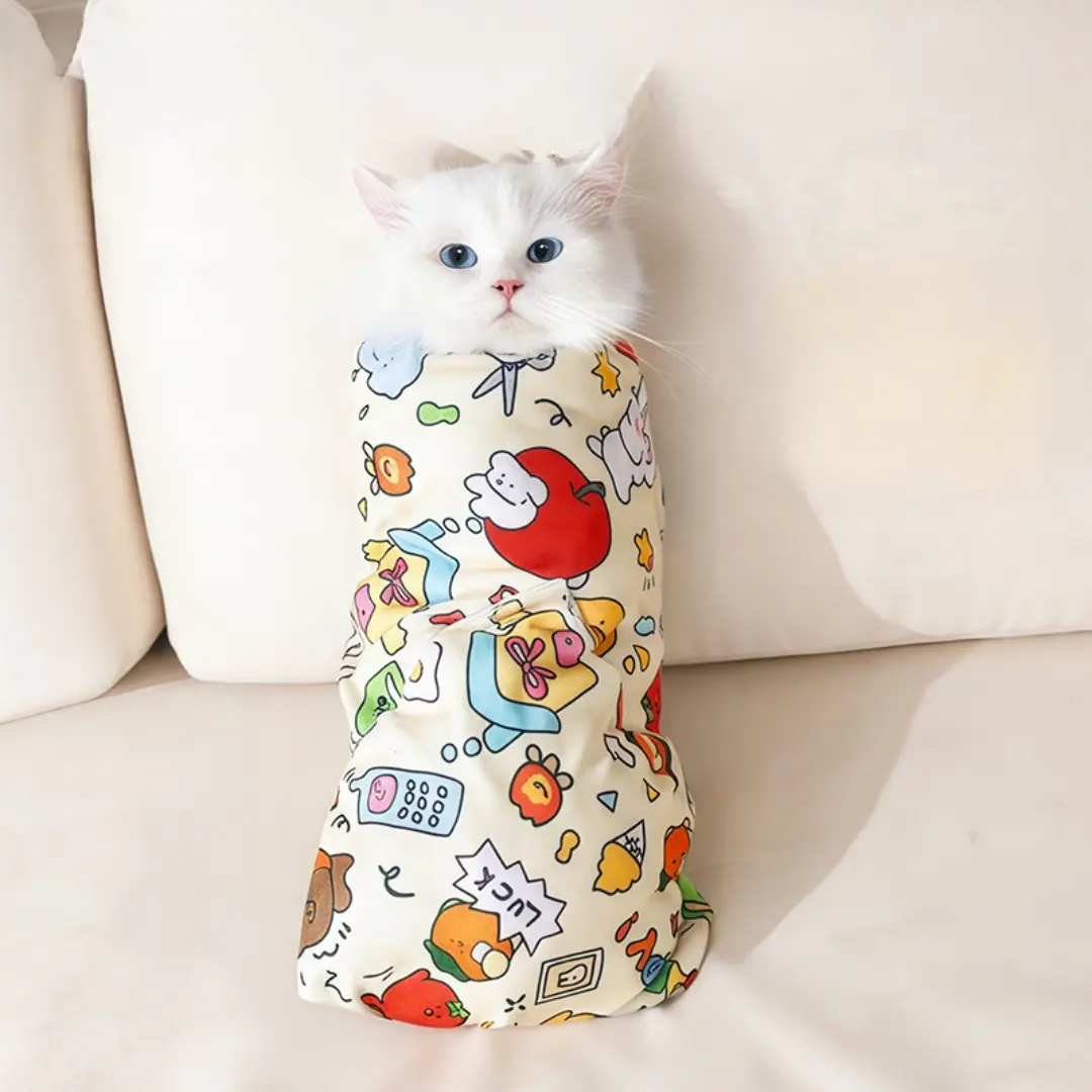 Breathable Cartoon Print Self-Adhesive Cat Grooming Wrap - Stress-Free Pet Recovery Support Brace, Bonus Use for Nail Clipping, Bathing (Suitable for Cats, Traveling Convenience), Microfiber Fleece