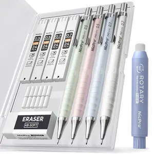 Nicpro Cute Mechanical Pencil Set, 4PCS 0.5 & 0.7 mm Pastel Drafting Pencils with 4 Tube HB Lead Refills, 4B Erasers, Rotary Retractable Eraser, Eraser Refill for Writing Sketching School Supplies