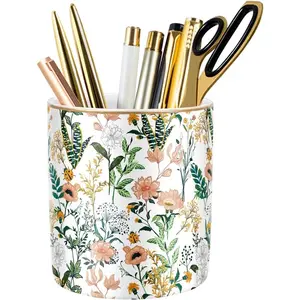 Large Capacity Ceramic Pen Holder for Desk, Colored Pencil Cup Marker Holder Makeup Brush Holder, Desktop Workspace Organizer Accessories for Home Office, White Flower