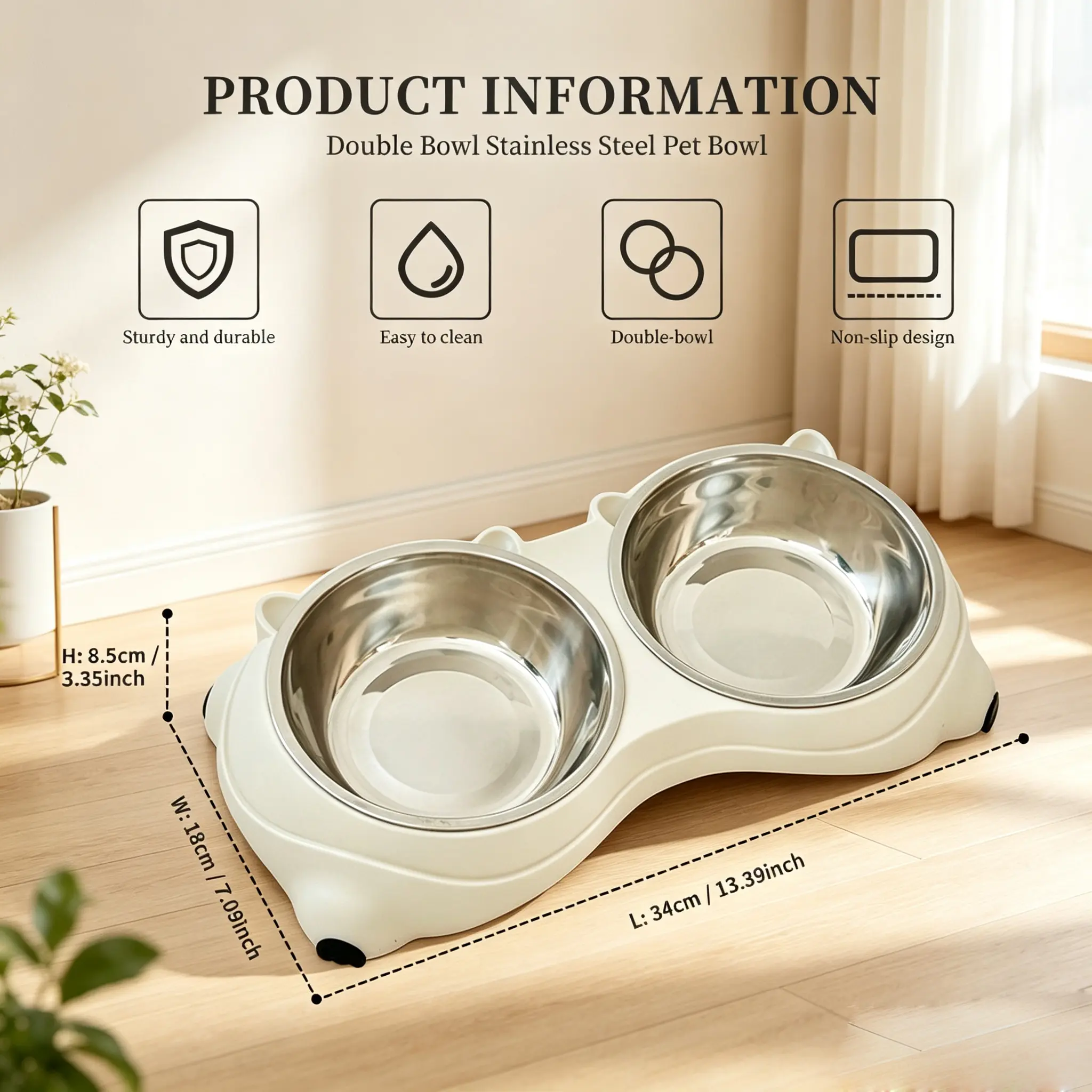 Easy Clean Stainless Steel Pet Double Bowl Set,Adorable Bear Shape Double Stainless Steel Pet Bowls, Non-Slip Rubber Base Spill Resistant Detachable Cat Dog Feeding Bowls, Separate Food Water Dish for Small Medium Cats Puppies
