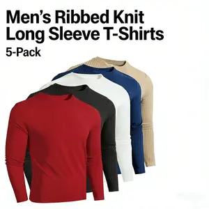 Men's 5-Pack Plain Thermal Underwear Tops, Menswear Crewneck Long-Sleeve Casual Beige Shirts