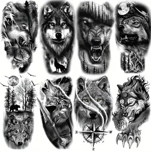 8 Sheets Wolf Head Temporary Tattoo Stickers, Realistic Waterproof Tattoos for Adults Men Women, Body Art Half Sleeve Designs, Fake Tattoos