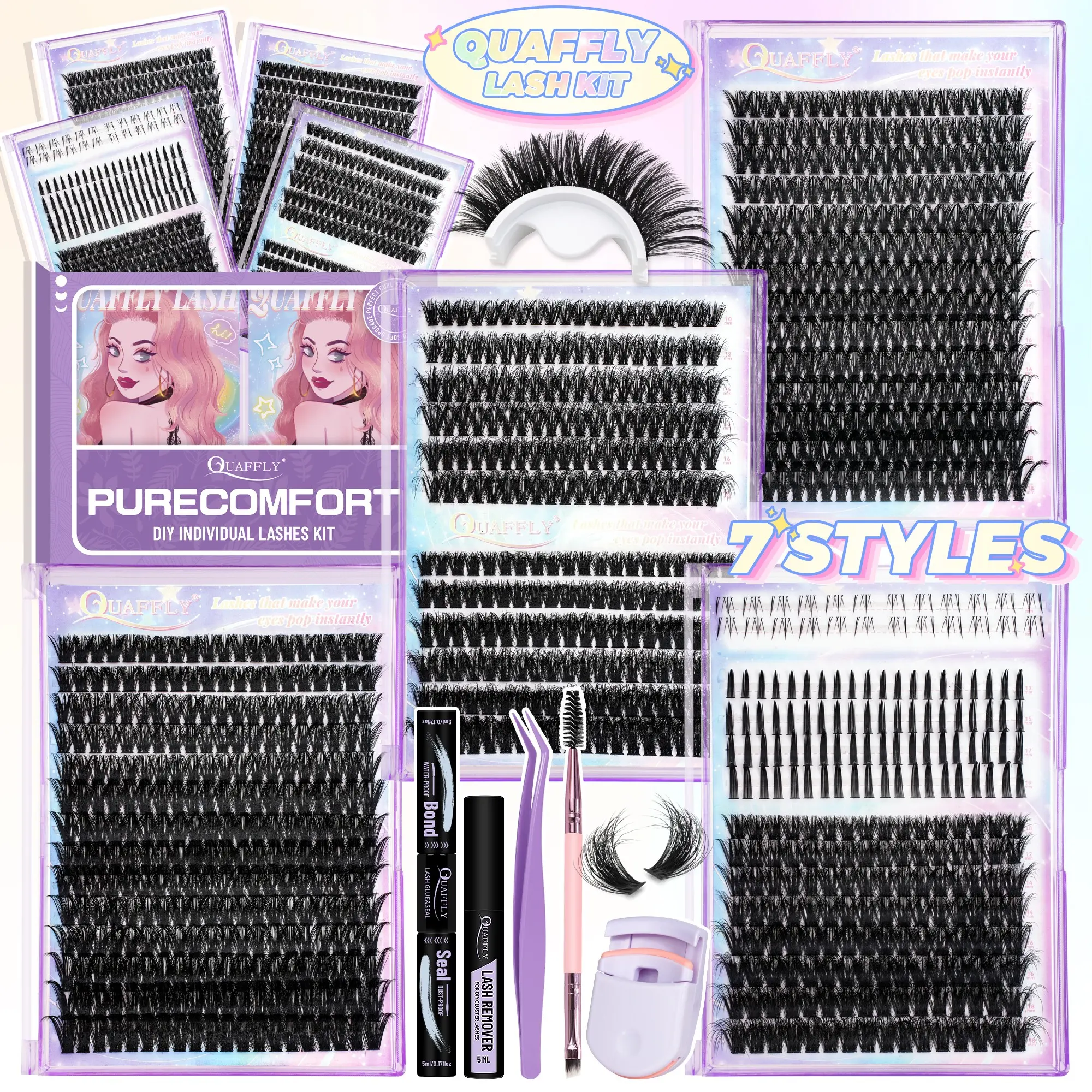 7 Styles Lash Clusters Kit 972Pcs Spike Lash Extension+Bottom Lashes DIY Eyelash Extensions Individual Eyelashes with Bond&Seal /Remover/Tweezer/Dual-Ended Brush/Lash Curler Great Value Gift Set Ideal for Beginners