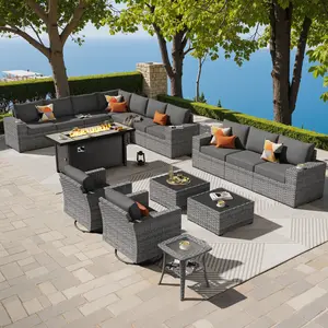 OVIOS 16-Piece Outdoor Patio Furniture Set with 54" Fire Pit Table, Wicker Sectional Sofa & Swivel Rocking Chairs, Conversation Set with Cushions for Backyard Patio Porch Deck Garden Outdoor Seating