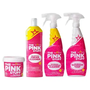THE PINK STUFF 500 g Cleaning Paste, 750 ml Multi-Purpose Liquid Cleaner, 750ml Bathroom Foam Cleaner, and 750ml Cream Cleaner Bundle, Family Safe Cleaner, Sensory Cleaning Paste, Safe for Kids & Pets, Rhubarb Scented Cleaner, Vegan Household Cleaner.