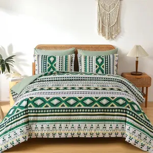 Green Comforter Set  Size,7 Pieces Bed in a Bag  Boho Bedding Sets with Sheets Aztec Striped Comforters Complete Set for Summer Women 90"x90"