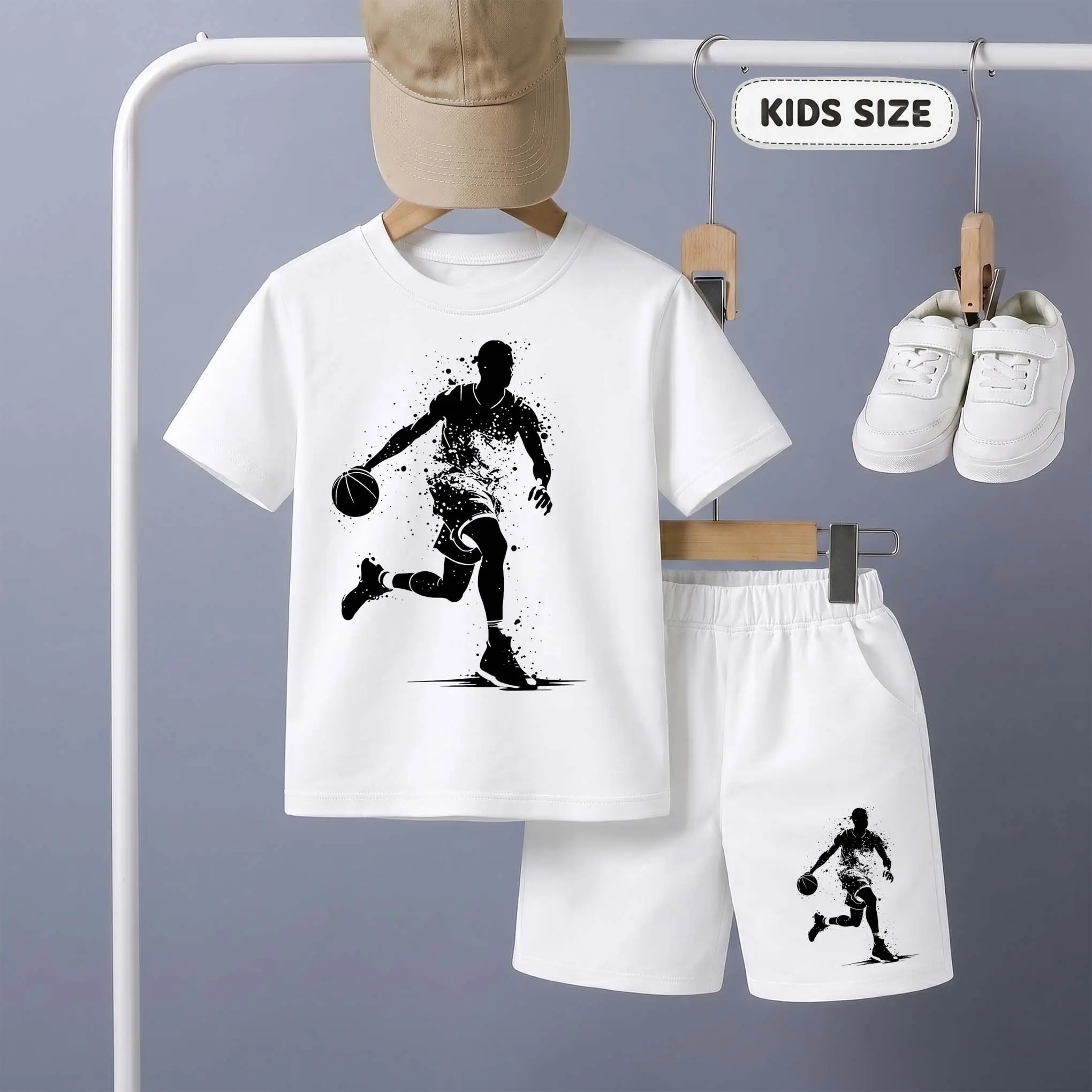 Boys' 2-Piece Ink-Splatter Basketball Print Short-Sleeve T-Shirt & Elastic Waist Shorts Set - Casual Summer Kids' Matching Outfits, 10-11y(150), 12-13y(160), Ideal for Everyday Wear & Outdoor Play, Classic Crew, Comfortable, Matching Outfits Boys' Sets, S