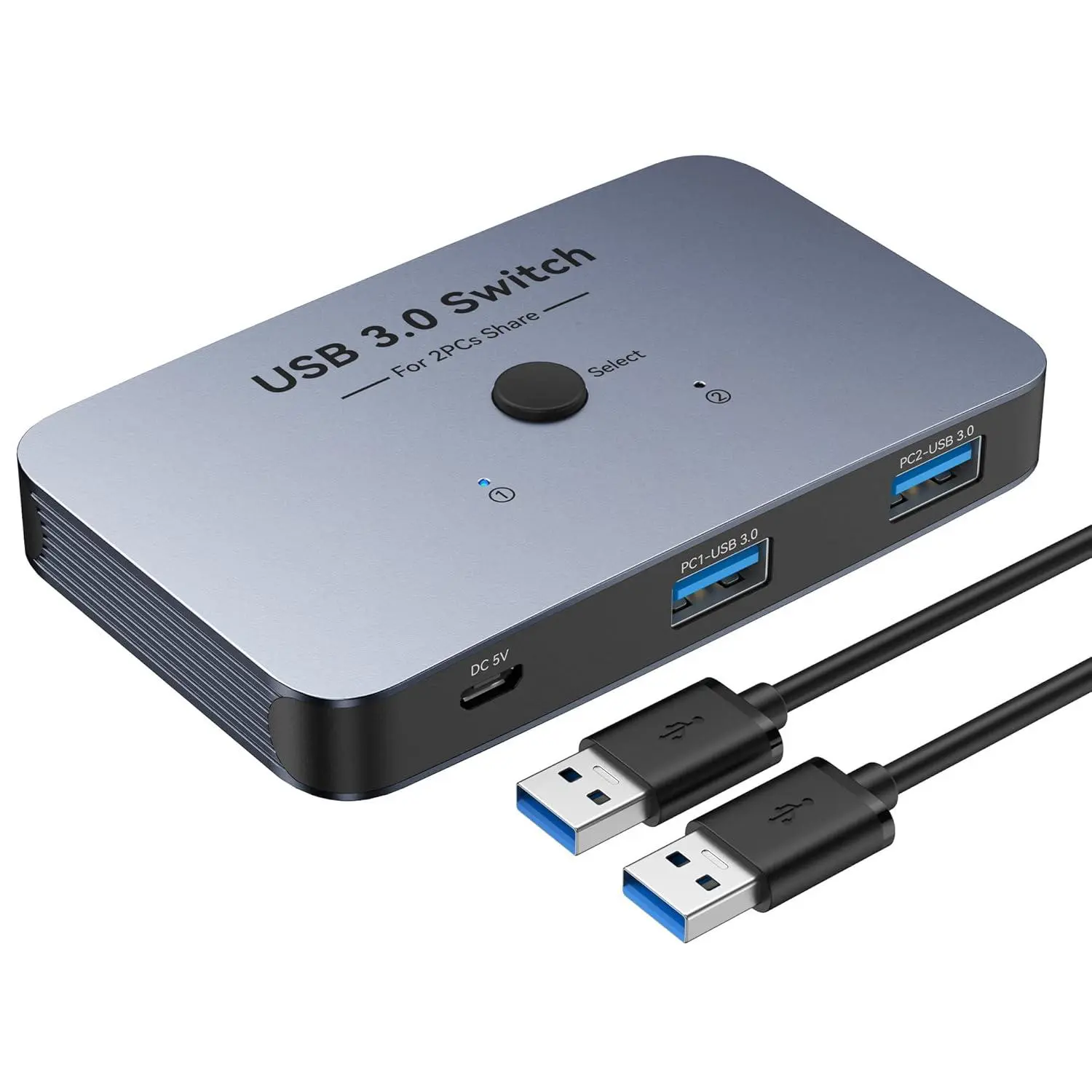 USB 3.0 Aluminum-Plastic KVM Switch with 5Gbps Ultra-Fast Data Transfer, Button Switch Design, Compact Lightweight Build, Easy Installation, 2-Computer Sharing Hub, Plug-N-Play Push-Button, 2-Pack Data Cables for PC, Home Use