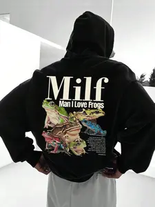 Men's Autumn & Winter Fashion "I Love Frogs" Print Hoodie, with Kangaroo Pocket, Comfortable and Casual, Trendy Style for Daily Wear, Versatile for Travel, Vacation, Leisure and Campus