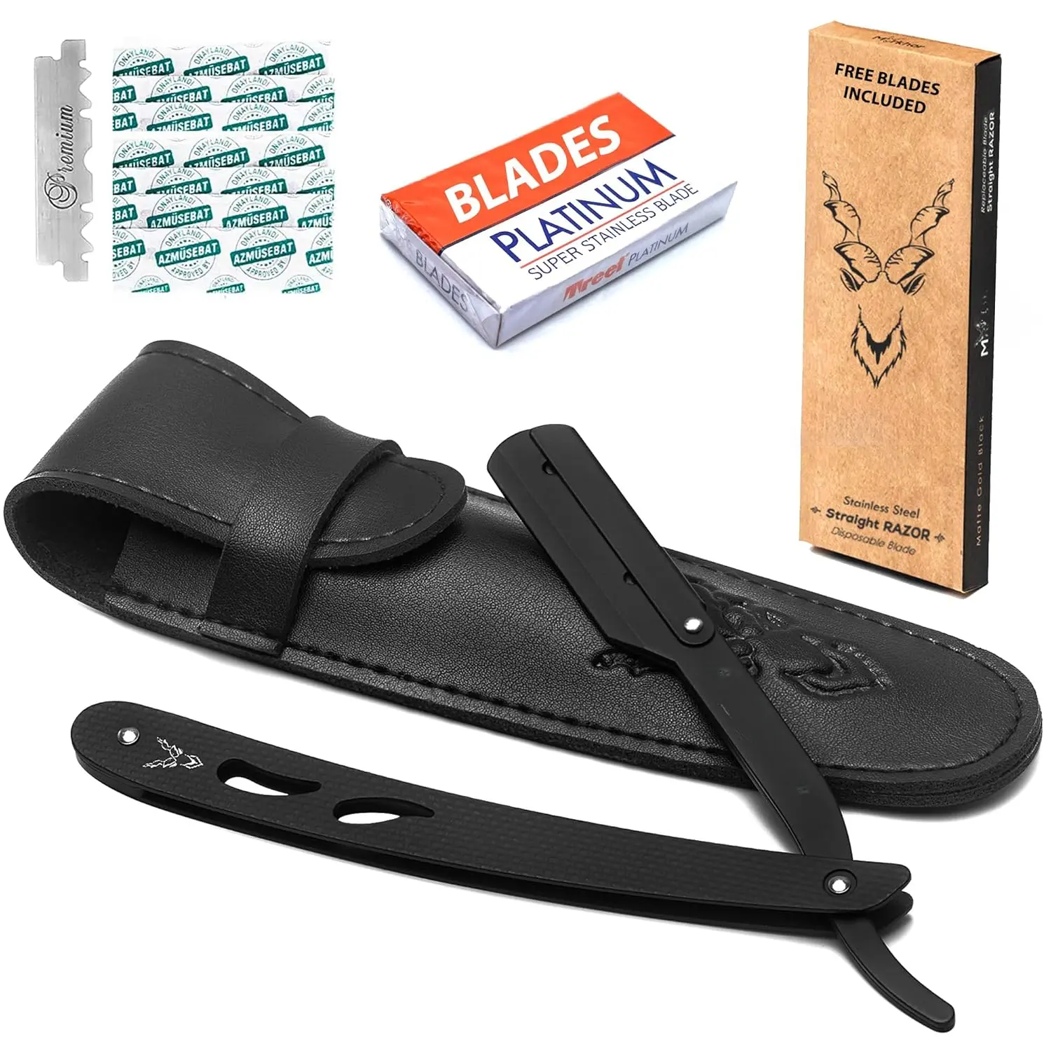 (R) Straight  with Replaceable Blades & Carry Pouch | Premium Quality Matte Black Straight Razors for Men | Barber  Blade, Single Blade , Straight Edge Razors, Navajas Para Barbero