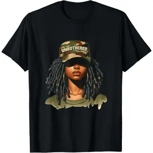 Unisex 100% Pure Cotton Short-Sleeve Crewneck Casual T-Shirt, "Melanin Unrestrained African American Woman" Lock Hair Camouflage Print, Breathable Fabric, All-Season Wear