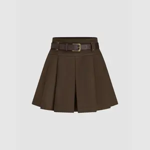 Cider Mid Waist Solid Pleated Skort with Belt