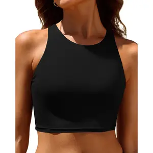 Yonique Women Bikini Top Only Crop Swim Top Longline Swimsuit Tops High Neck Bathing Suit Top  summervibes