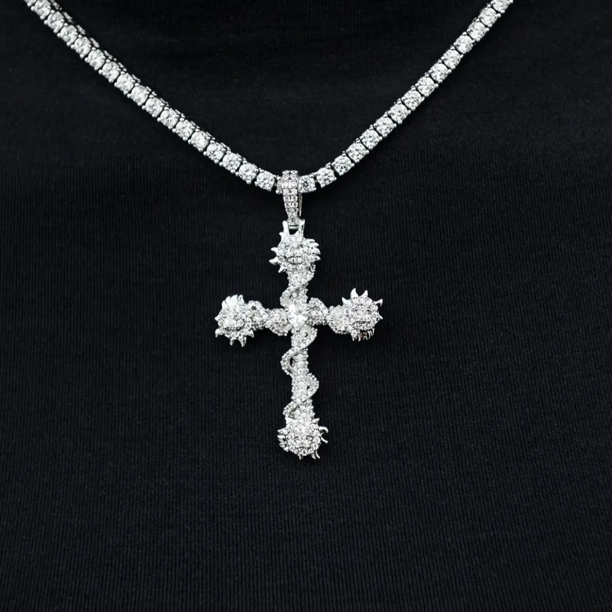 GLD Crystal Iced Spiked Cross Pendant | 14k White Gold Plated Hand-Set Stones Lifetime Guarantee - Perfect Gift(Chain Not Included) #tiktokshopsummersale