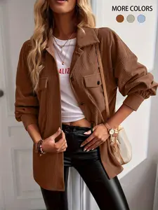 Women's Solid Button Front Closure Collared Long Sleeve Corduroy Fit Jacket, Casual Drop Shoulder Outerwear, Casual Fashion Outerwear for Fall & Winter, Ladies Clothes for Daily Wear, Downtown Girl Clothes
