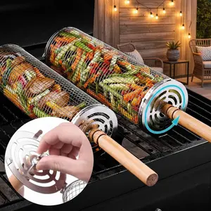 2 Pack-Rolling Grill Basket, Removable Wooden Handle, 304 Stainless Steel, Nesting BBQ Tools, BBQ Grilling Accessories for Vegetables, Outdoor Cooking Camping