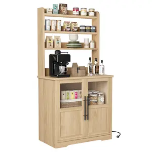 Kitchen Bakers Rack with Power Outlet, 6-Tier Wood Hutch Cabinet with Doors, Farmhouse Microwave Stand, Coffee Bar, Thickened Countertop, Storage Pantry Shelf