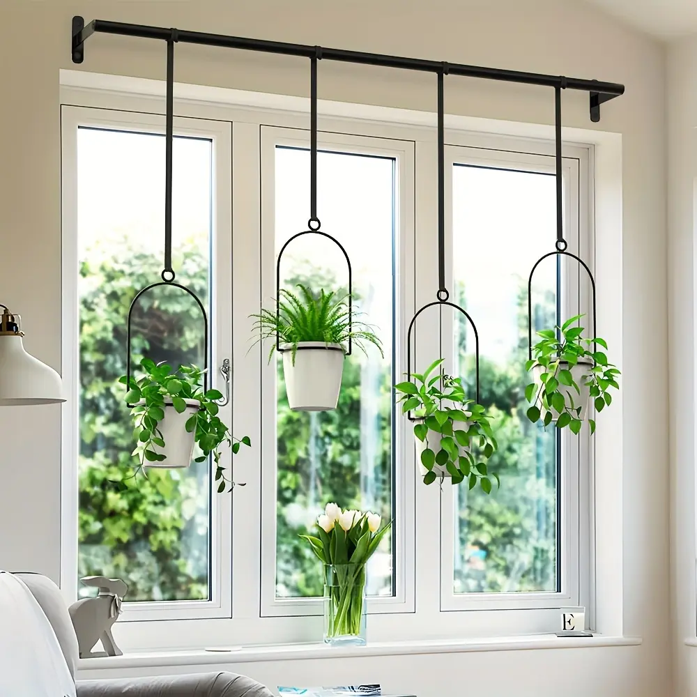 1set Metal Adjustable Hanging Planters, Floating Plant Hangers, with 4 Plastic Pots, Rail for Indoor Window & Ceiling Herb Garden, Wall Plant Hanger with Nylon Cords, 11.8"-18.1" Expandable Cabinet Drawers for Pot and Pan, Slide Out Storage Rack, Black