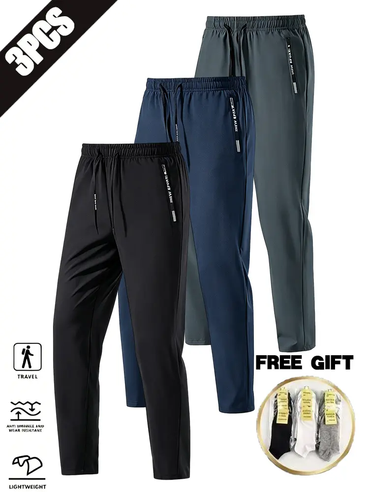 3-pack men’s summer cooling sweatpants with regular fit and drawstring, zippered pockets, light athletic style long pants, loose wide-leg design, soft skin-friendly fabric—perfect for everyday commuting and vacations.