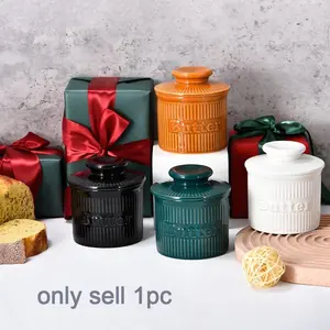 Butter Crock with Lid for Countertop, Ceramic French Butter Dish, Ribbed Butter Keeper with Water Line, Colorful Butter Holder, Butter Container for Spreadable Soft Butter, Housewarming Gift, Kitchen and Home Decor
