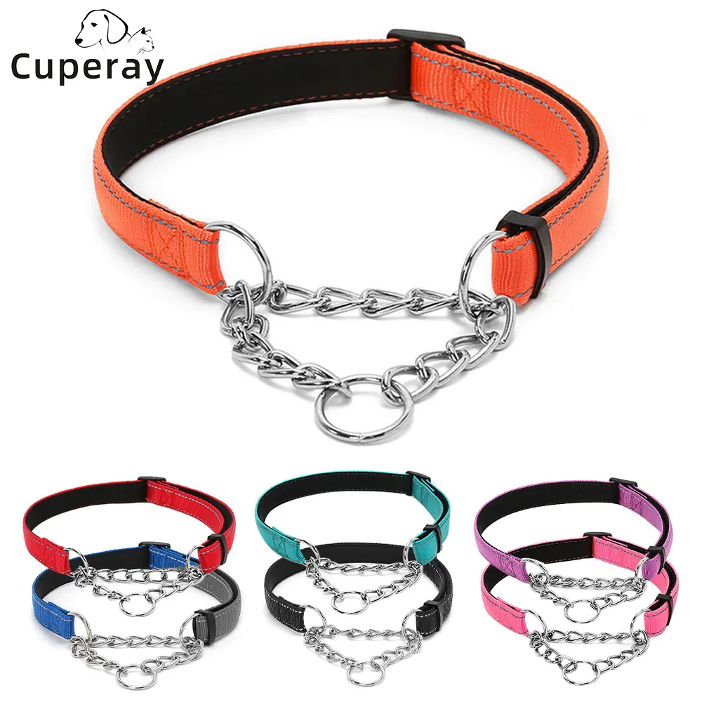 Adjustable Stainless Steel Chain Martingale Dog Collar - Reflective Nylon Fabric, S Size (27-40cm Neck) Collar for Daily Wear Small Dogs, Collars, S Neck 27-40Cm