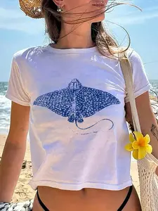 Women's Casual Feminine Summer Fitted Lightweight Short T-Shirt with Ocean Animal Batfish Print, Stylish and Tight-Fitting Round Neck Top for Daily Wear, Perfect for Holidays, Womenswear Fabric