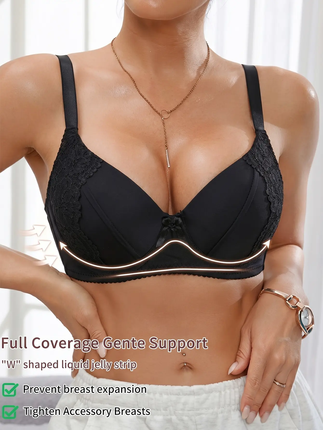 Women's Underwire Lace Support Bra with W-Shape Jelly Strip, Full Coverage, Adjustable Straps, Push-Up Gather & Breathable Elegant Design (Sizes S-XL)