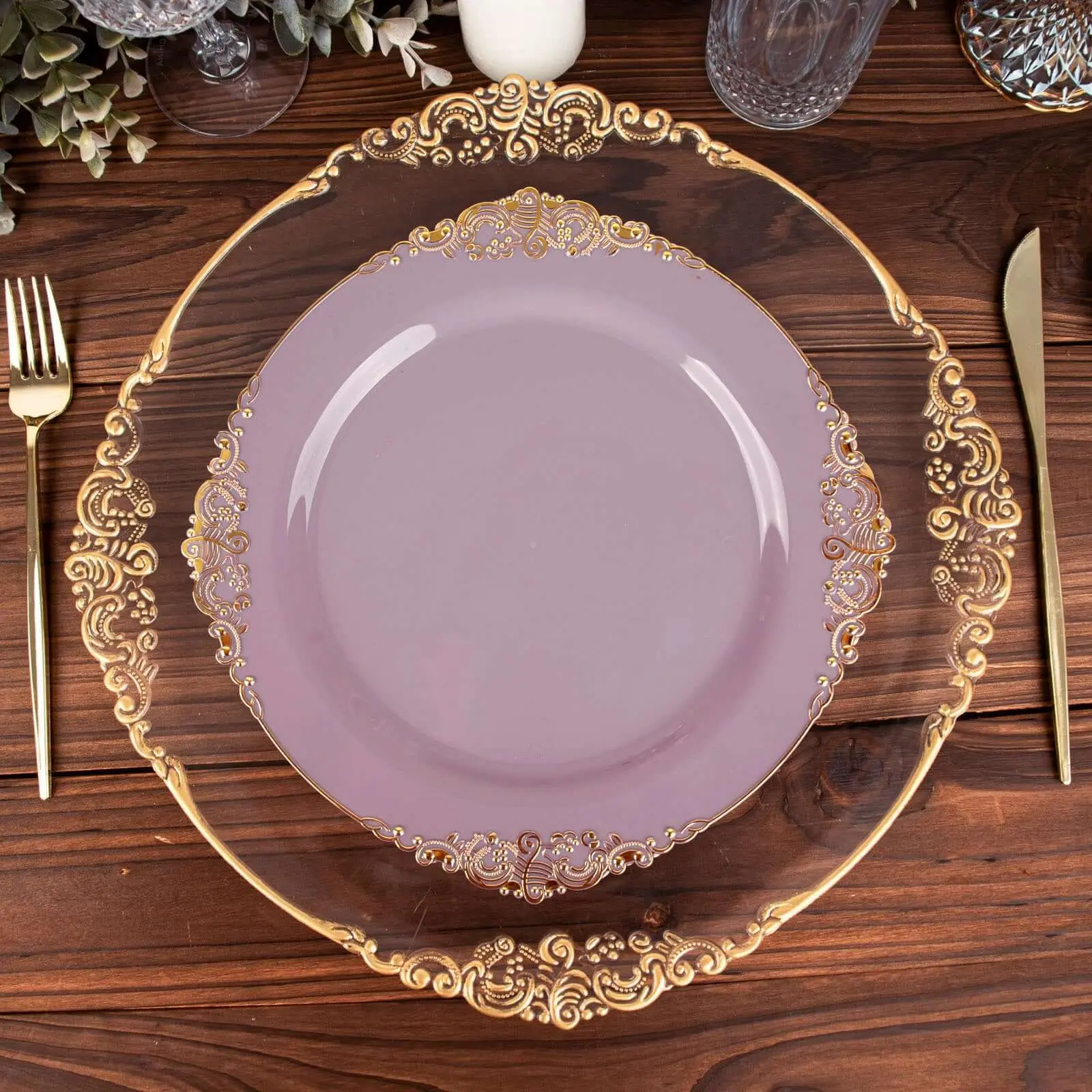 10-Pack Disposable Plastic 10" Round Dinner Plates - Lavender Lilac with Gold Leaf Embossed Rim, Vintage Baroque Style Party Plates for Wedding Disposable Products