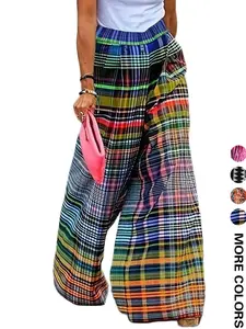 Plus Size Women's Casual Colorblock Striped Pants, Fitted Style, Moderate Fabric Thickness, All Seasons Wear, Comfortable & Stylish Design, Everyday Bottoms