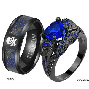 Skull Rings His And Hers Couple Rings Skeleton Rings Heart Blue Cz Womens Wedding Ring Punk Ring